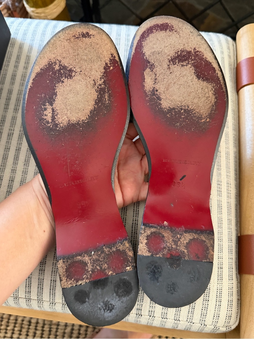 Burberry Red Leather Slide Sandals with Beige Striped Band - Picture 2 of 3